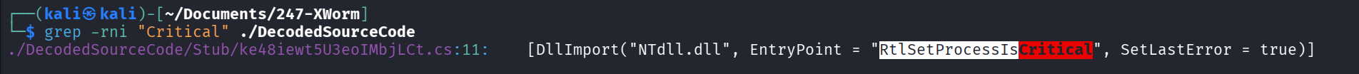 Grep output showing a DllImport from NTdll.dll with EntryPoint = "RtlSetProcessIsCritical".